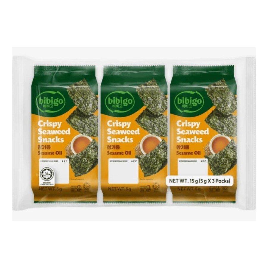 Three packs of Korean crispy roasted seaweed snacks with sesame oil